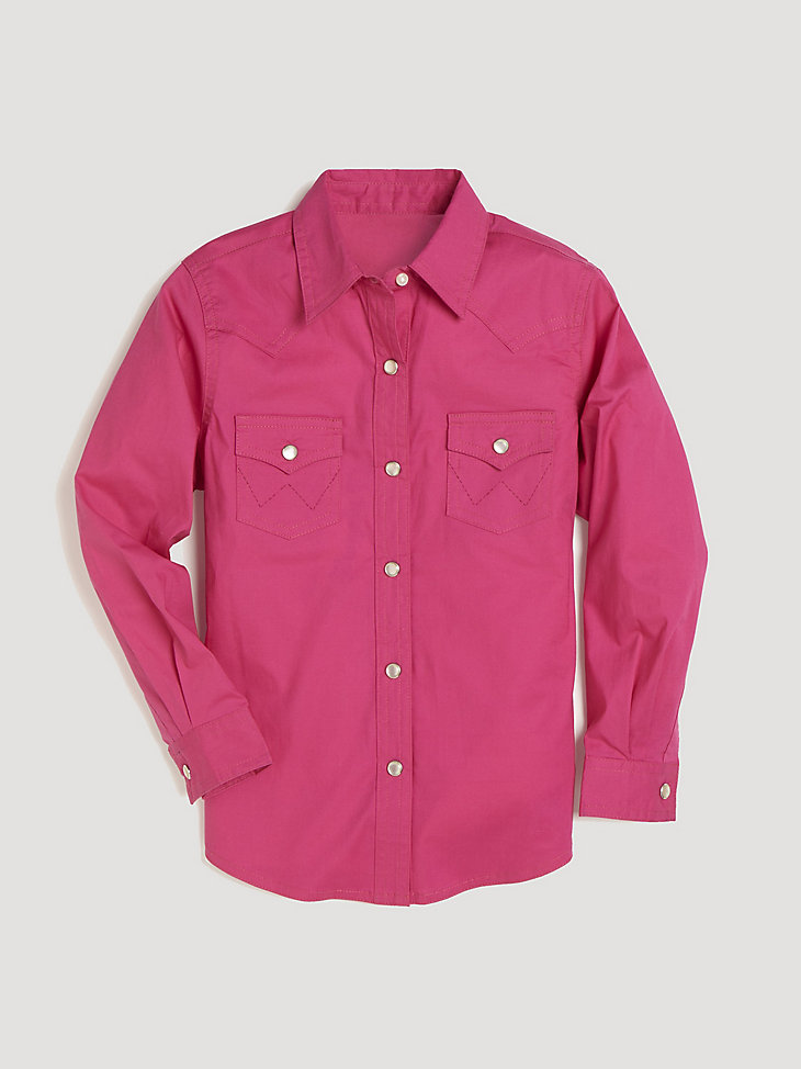Girl's Long Sleeve Solid Western Snap Shirt in Pink main view
