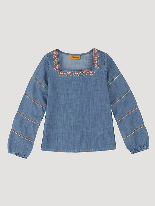 Girl's Long Sleeve Embroidered Denim Peasant Top