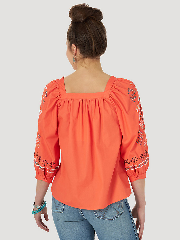 Women's Embroidered Sleeve Top in Orange alternative view