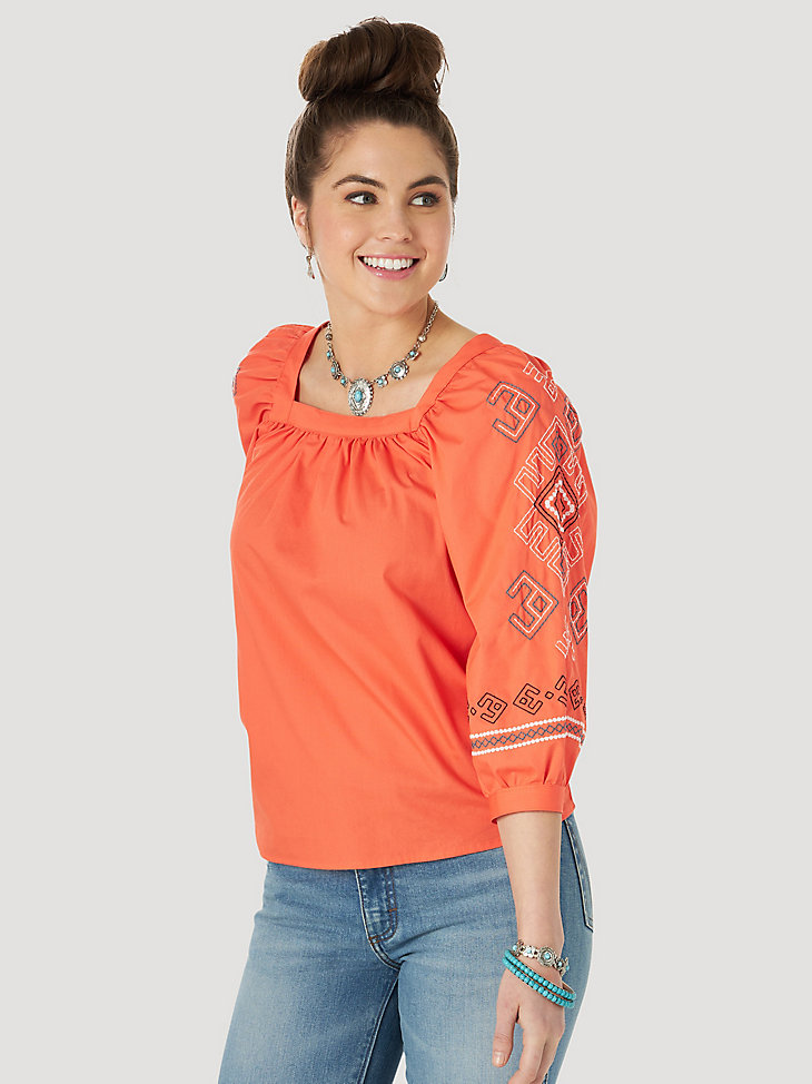 Women's Embroidered Sleeve Top in Orange main view
