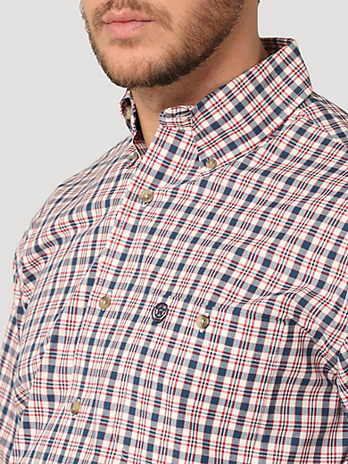 Men's Short Sleeve Checked Shirt Pocket Cotton Tartan Buttondown Collar Slim Fit