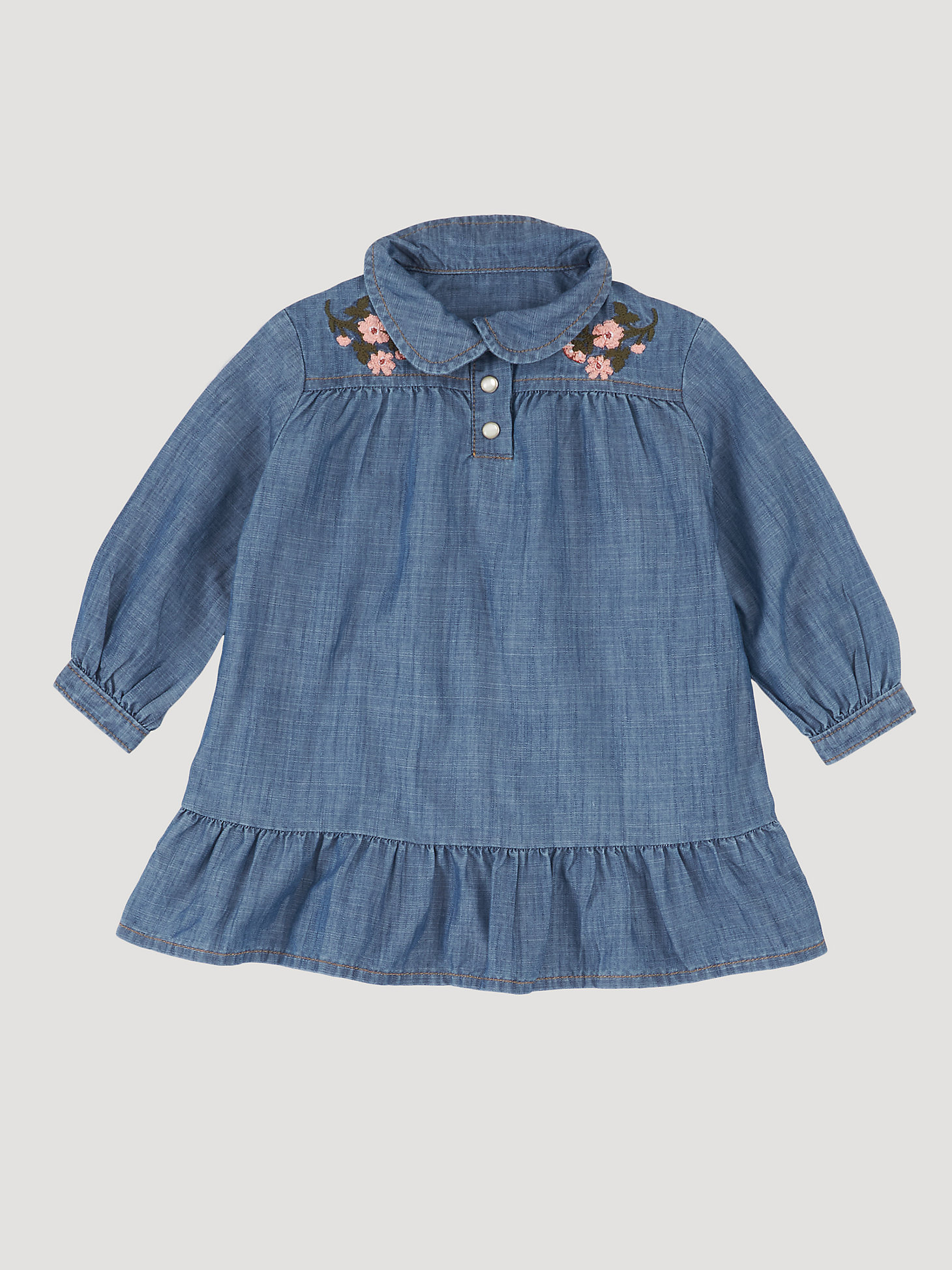 Baby Girl Long Sleeve Embroidered Denim Dress in Blue main view
