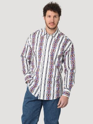 Men's Checotah® Long Sleeve Western Snap Print Shirt in Dusty Blue Diamond  – La Raza Western Wear