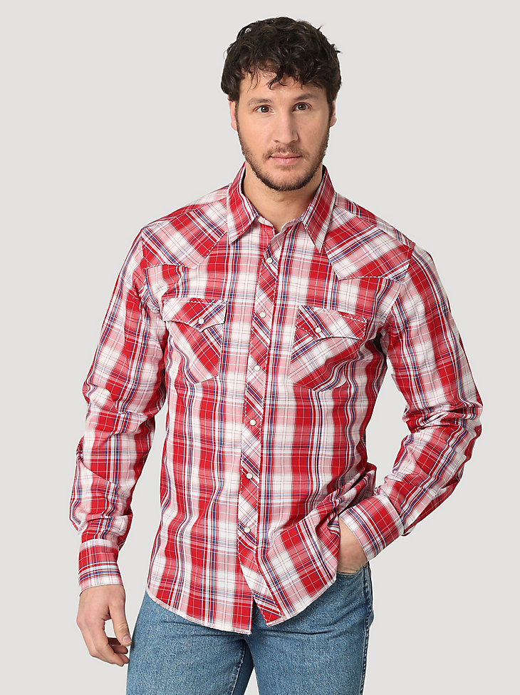 Wrangler Mens Retro Red and Navy Plaid Long Sleeve Western Snap Shirt