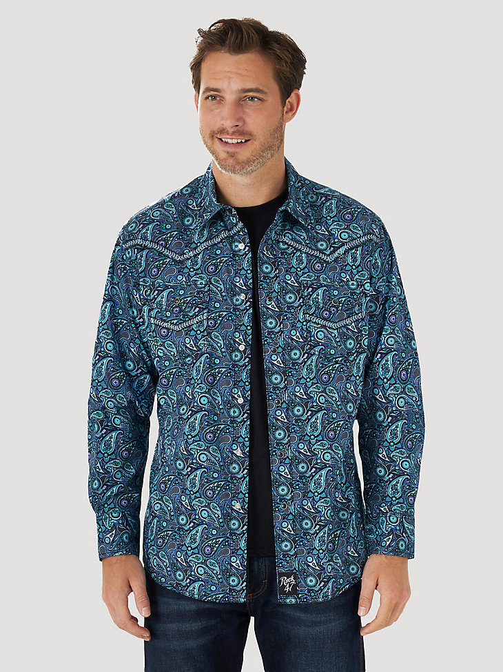 Men's Rock 47 by Wrangler Long Sleeve Western Embroidered Yoke Print Snap Shirt in Purple Paisley main view