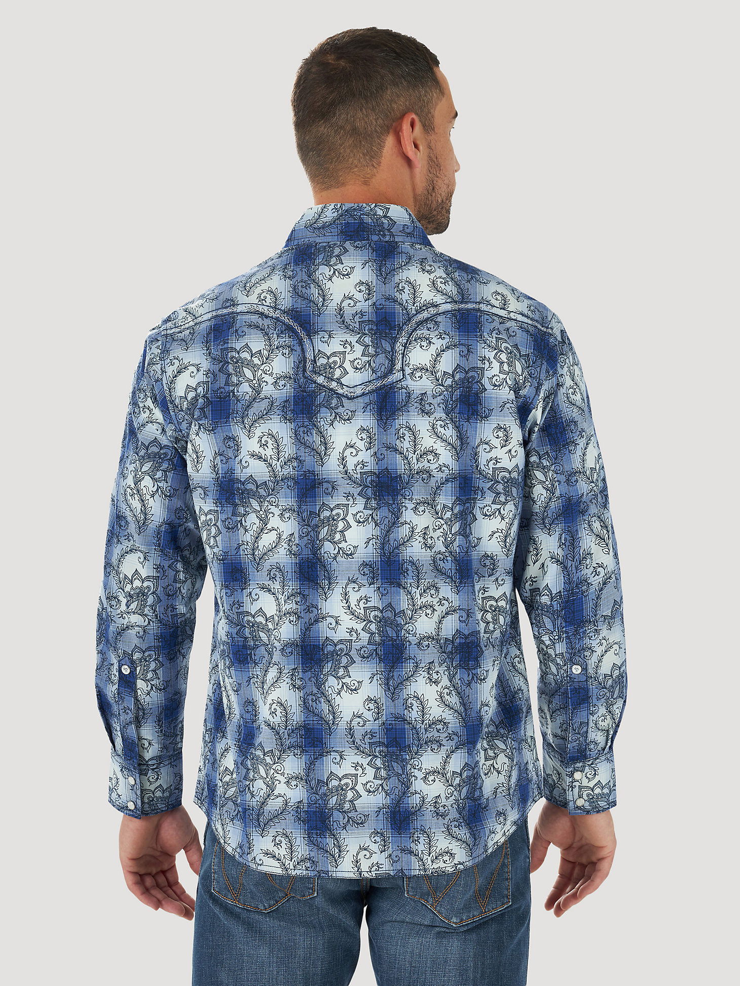 Men's Rock 47 by Wrangler Long Sleeve Vintage Embroidered Yoke Print Snap Shirt in Blue Paisley alternative view 1