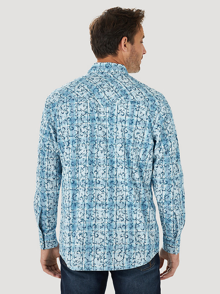 Men's Wrangler Retro Premium Contrast Trim Western Snap Flap Pocket Print Shirt in Blue/White alternative view