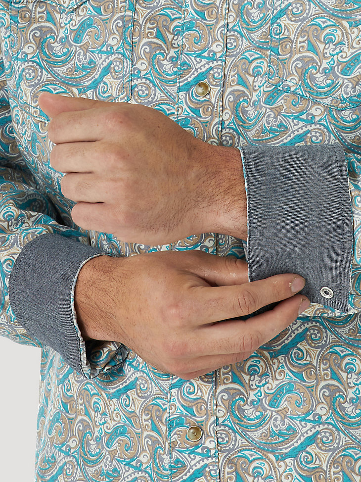 Men's Wrangler Retro Premium Contrast Trim Western Snap Flap Pocket Print Shirt in Turquoise Swirl alternative view 2