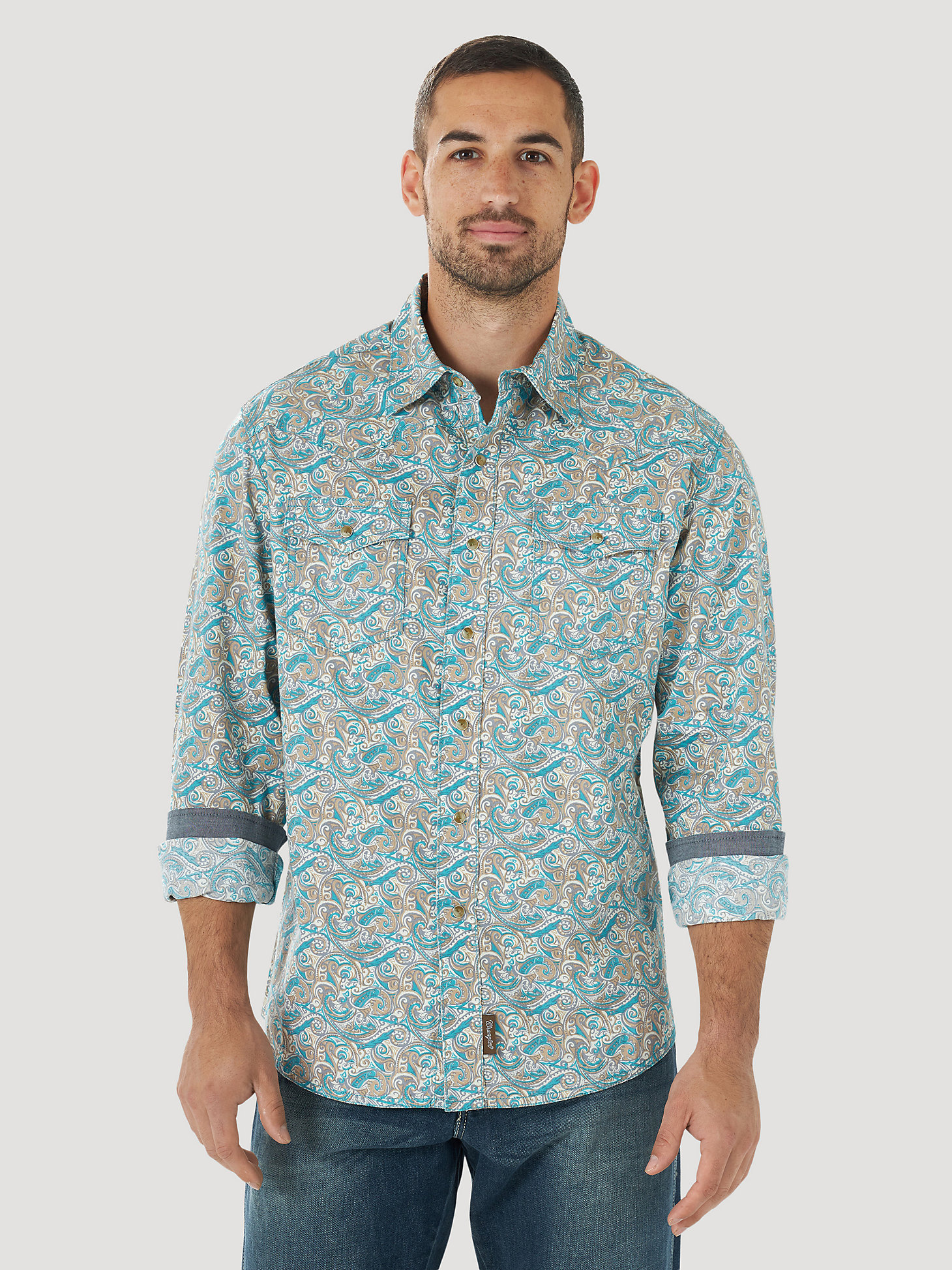 Men's Wrangler Retro Premium Contrast Trim Western Snap Flap Pocket Print Shirt in Turquoise Swirl main view