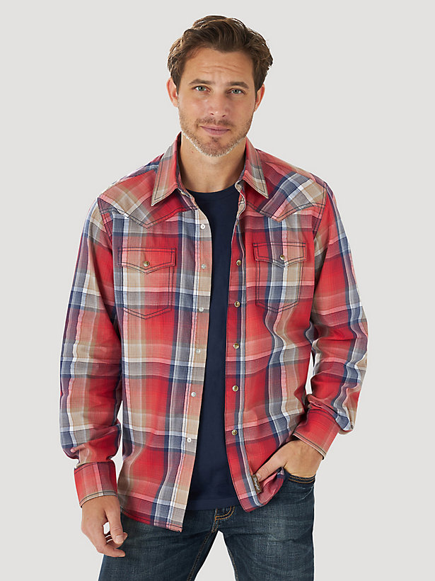 Men's Wrangler Retro Premium Contrast Trim Western Snap Flap Pocket Plaid Shirt
