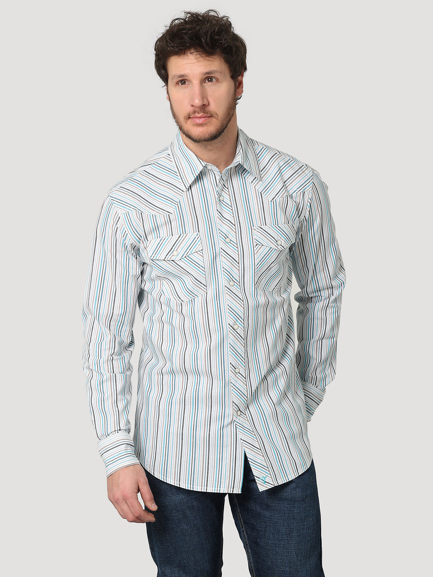 Men's Wrangler® 20X® Competition Advanced Comfort Long Sleeve Two Pocket Western Snap Stripe Shirt in Turquoise/Brown Strip main view