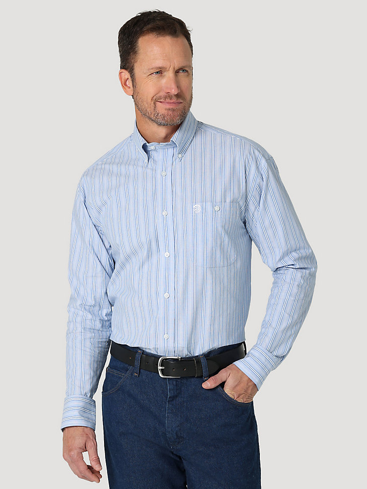 Men's George Strait Long Sleeve Button Down One Pocket Stripe Shirt in Blue Tri main view