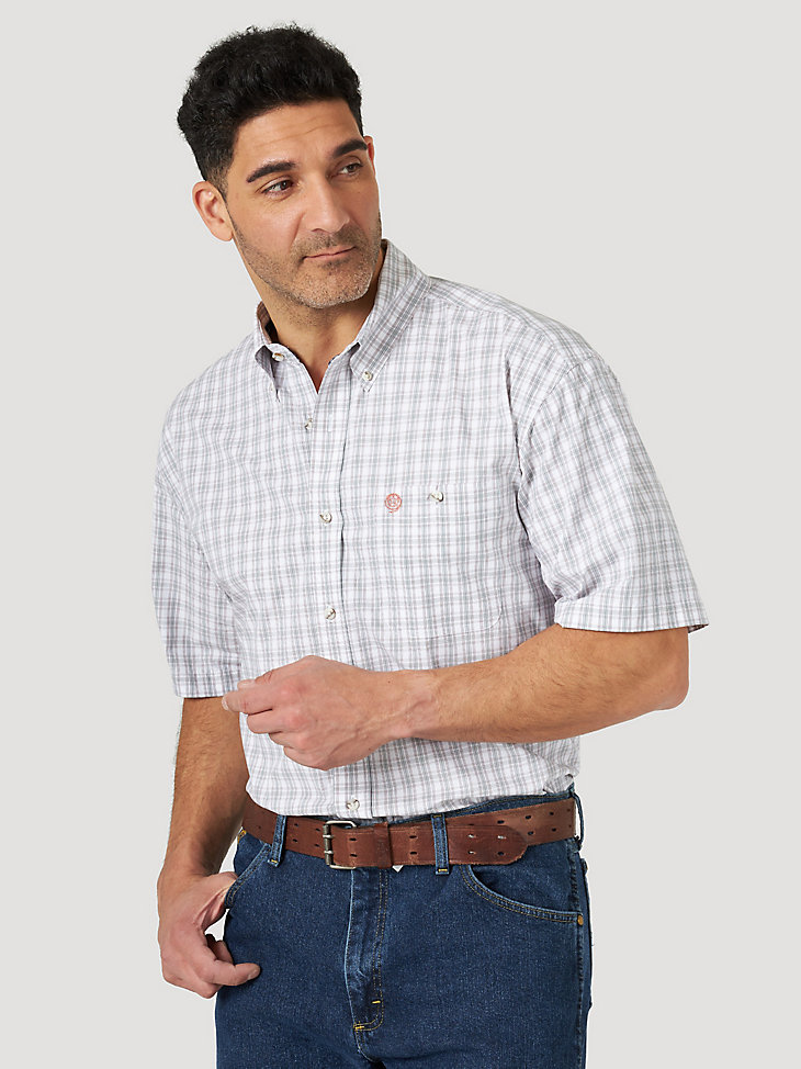 Men's George Strait Short Sleeve 1 Pocket Button Down Plaid Shirt in Rose Cloud main view