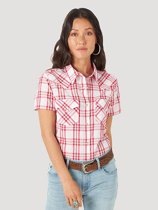 Women's Essential Short Sleeve Plaid Western Snap Top