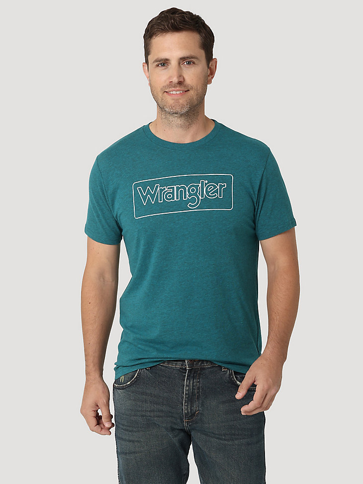 Men's Classic Wrangler Block Logo Graphic T-Shirt in Cyan Pepper Heather main view