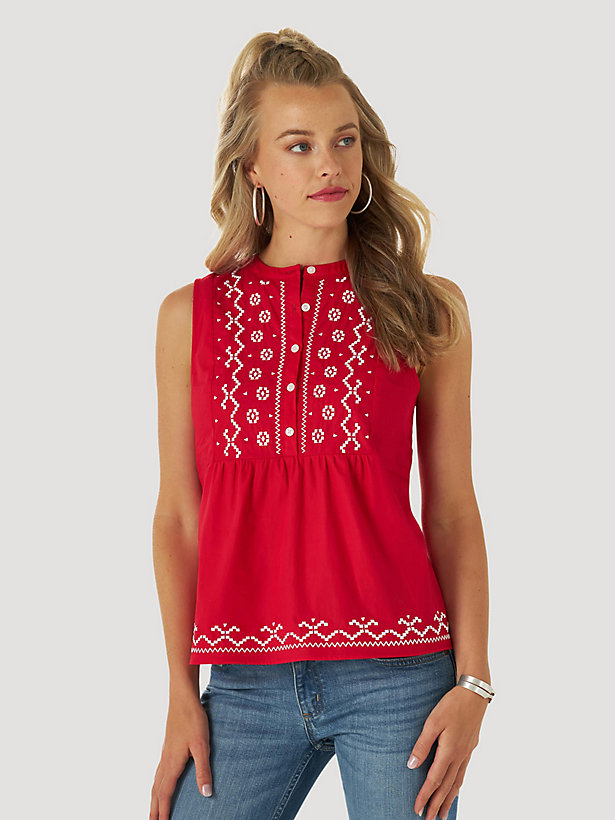 Women's Americana Embroidered Button Front Sleeveless Top