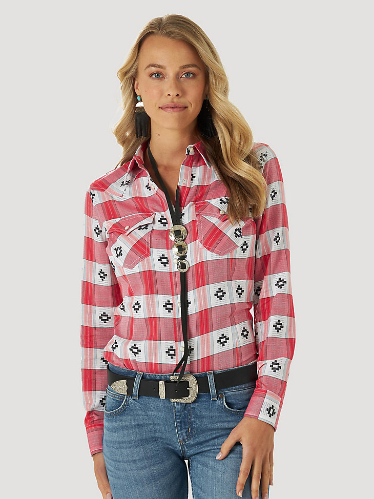 Women's Americana Long Sleeve Western Snap Shirt in Red Dobby main view