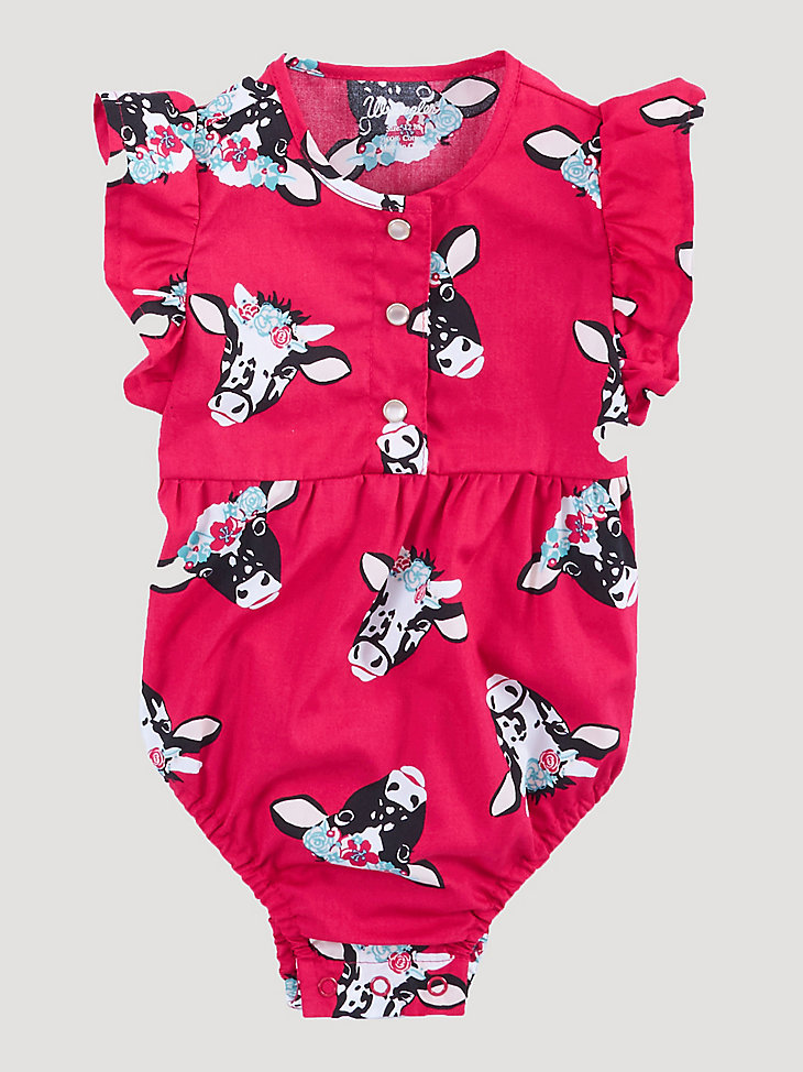 Baby Girl Ruffle Flower Crown Cow Bodysuit in Red main view