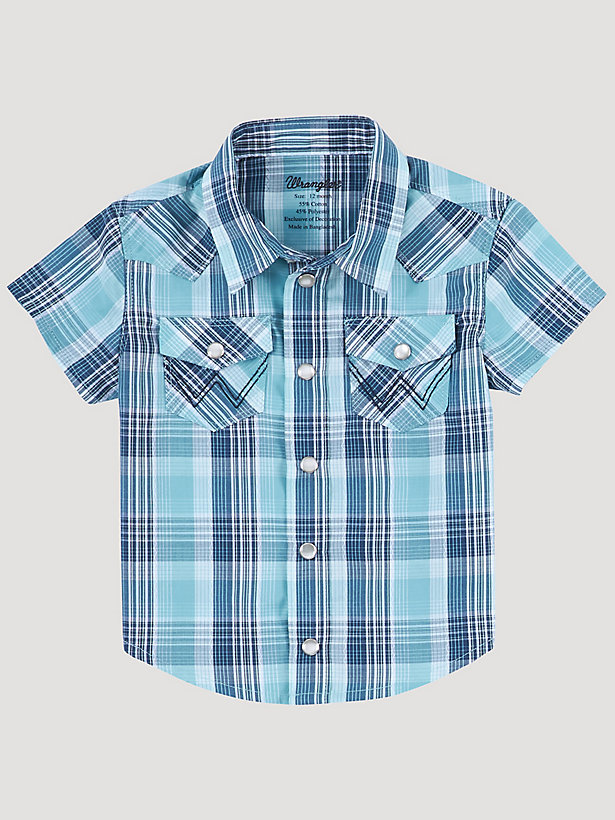 Baby Boy Short Sleeve Western Snap Plaid Shirt in Teal Sea