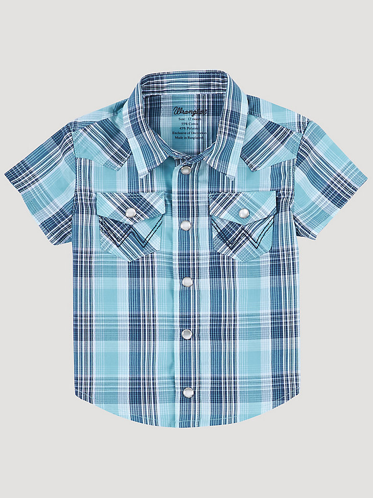 Baby Boy Short Sleeve Western Snap Plaid Shirt in Teal Sea main view
