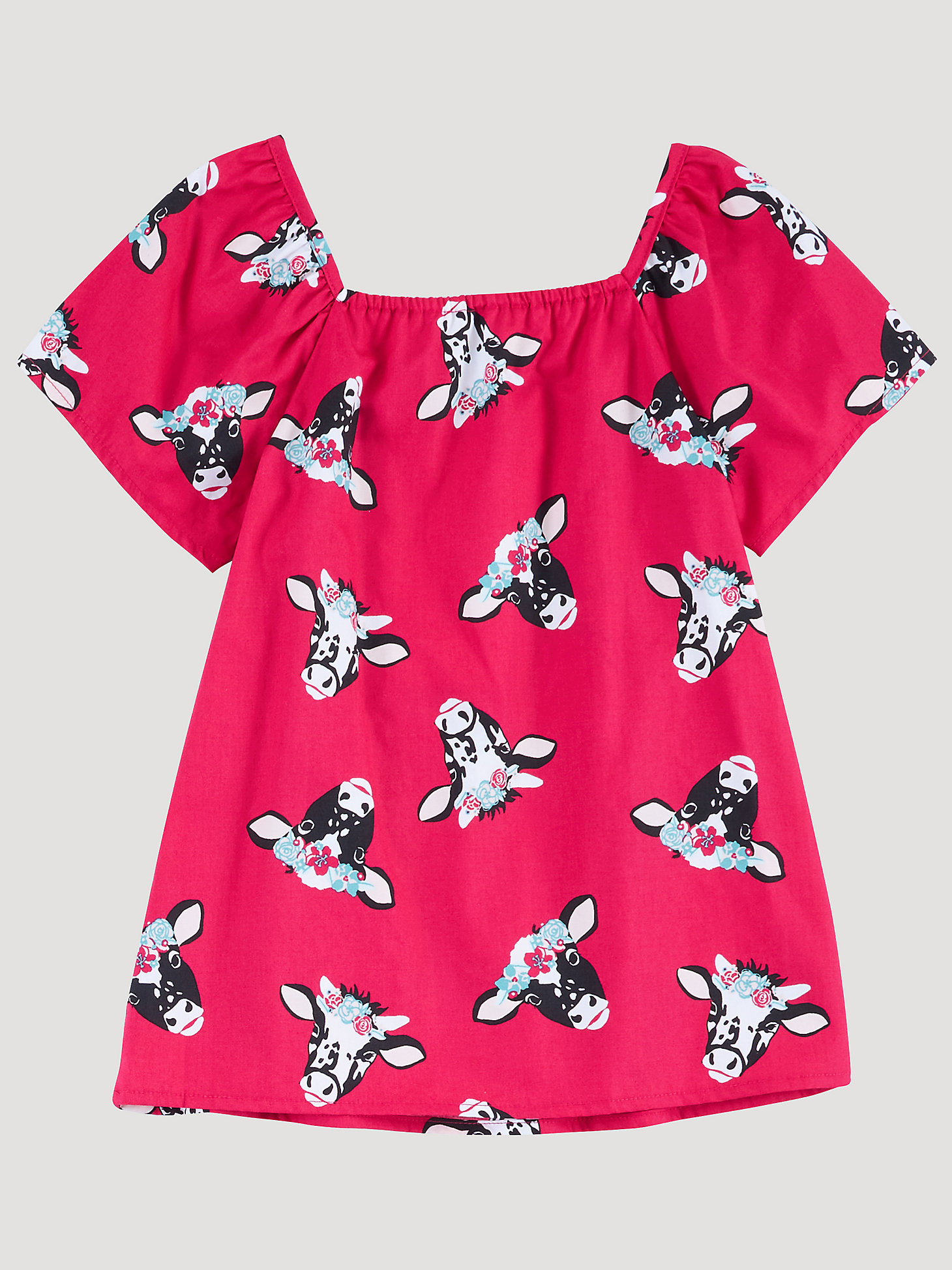 Girl's Wrangler Flower Crown Cow Square Neck Top in Red main view