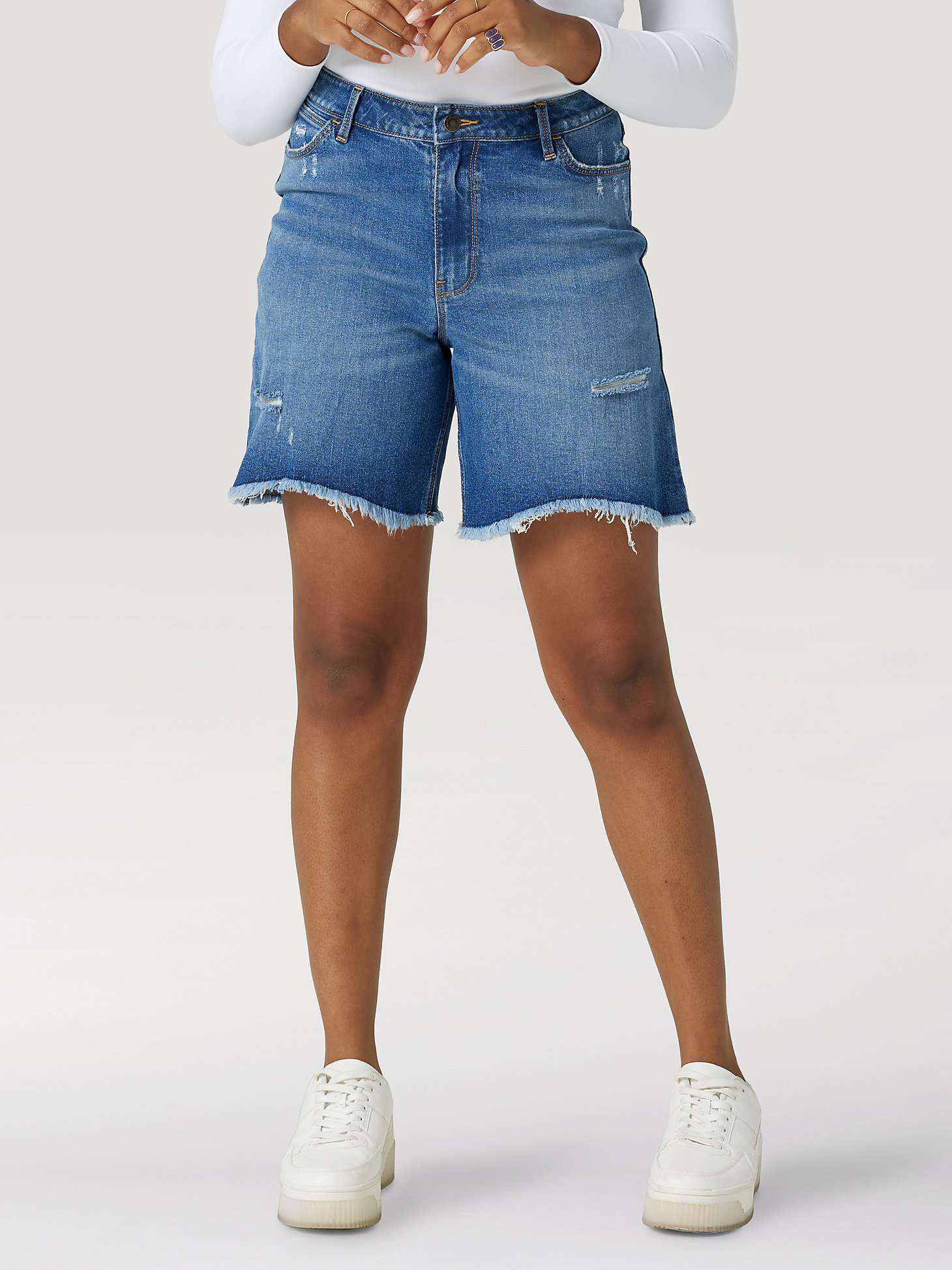 Women's Relaxed Destructed Shorts in Ocean main view