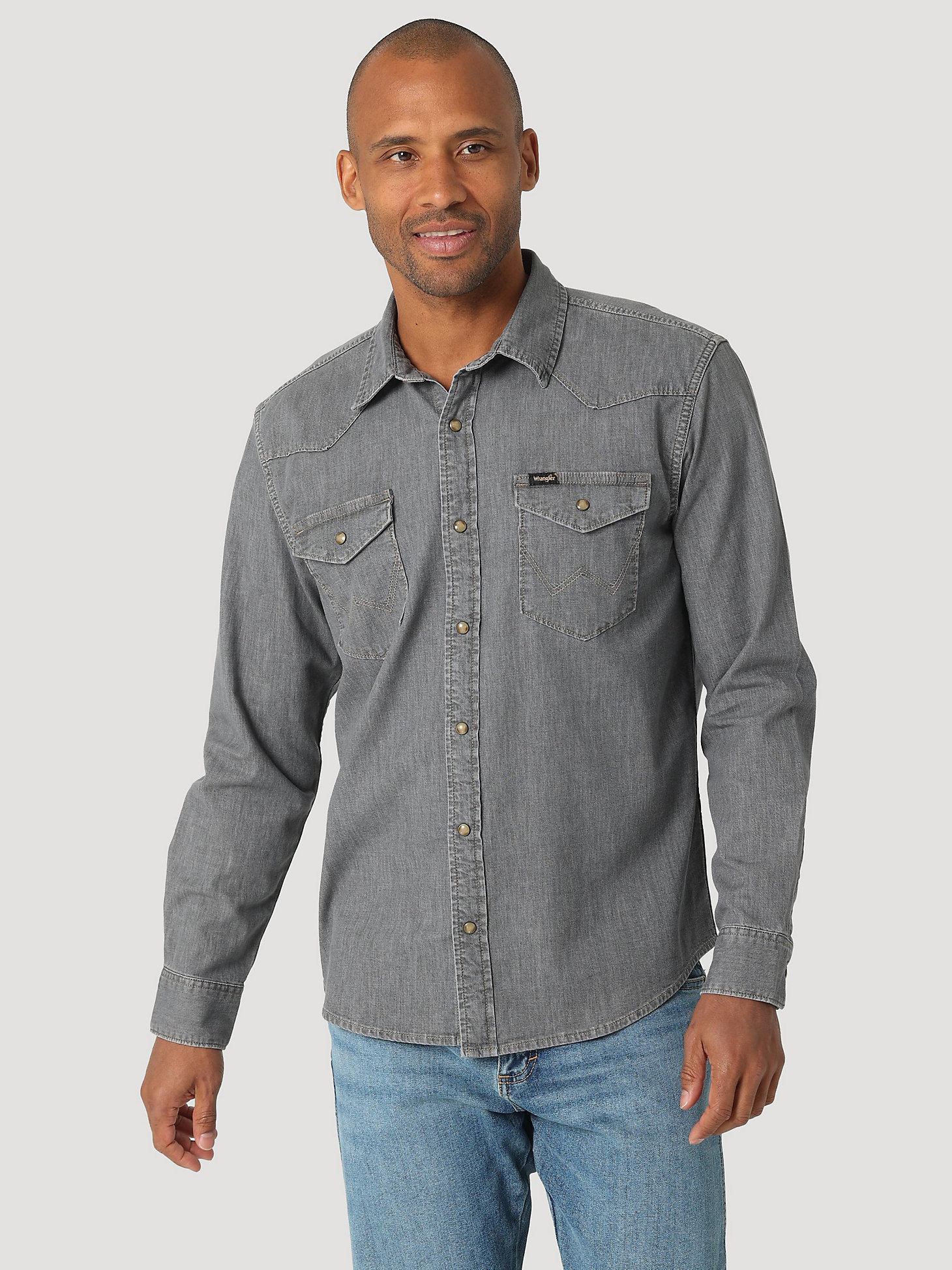 Men's Denim Western Snap Front Shirt in Grey Denim main view
