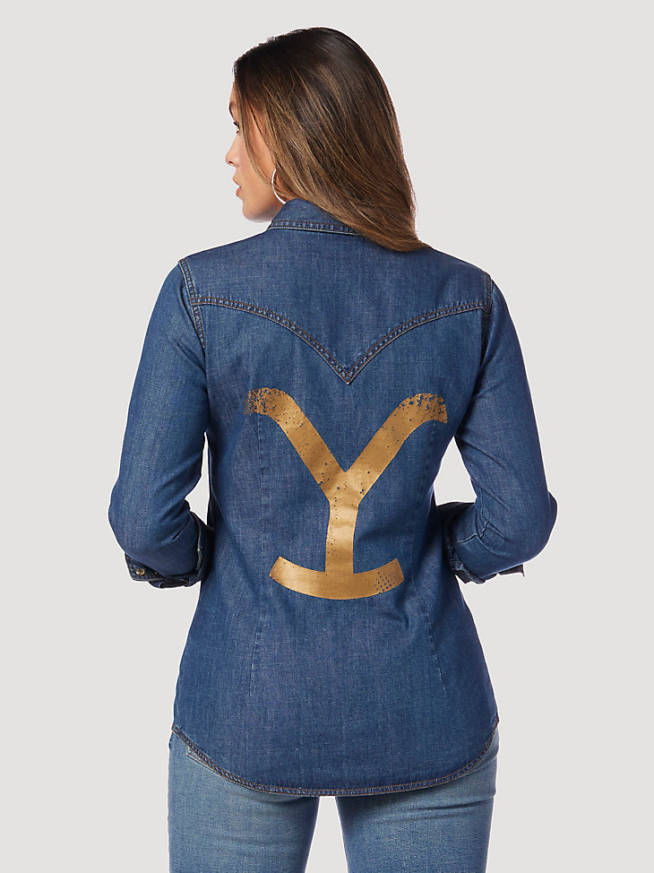 Wrangler x Yellowstone Women's Metallic Screen Print Denim Shirt in Dark Wash alternative view