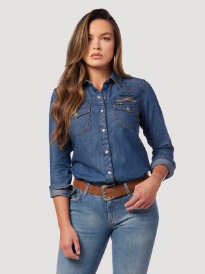 Wrangler X Yellowstone Women S Metallic Screen Print Denim Shirt In Dark Wash