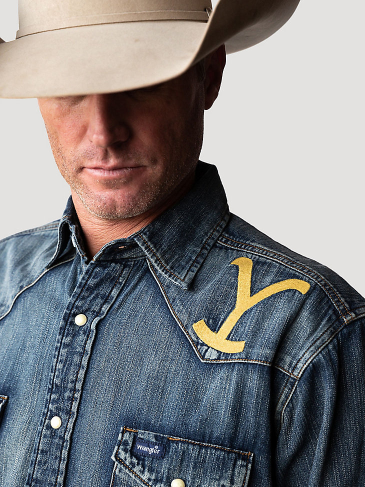 Wrangler x Yellowstone Men's Embroidered Denim Work Shirt in Tinted Medium Wash alternative view