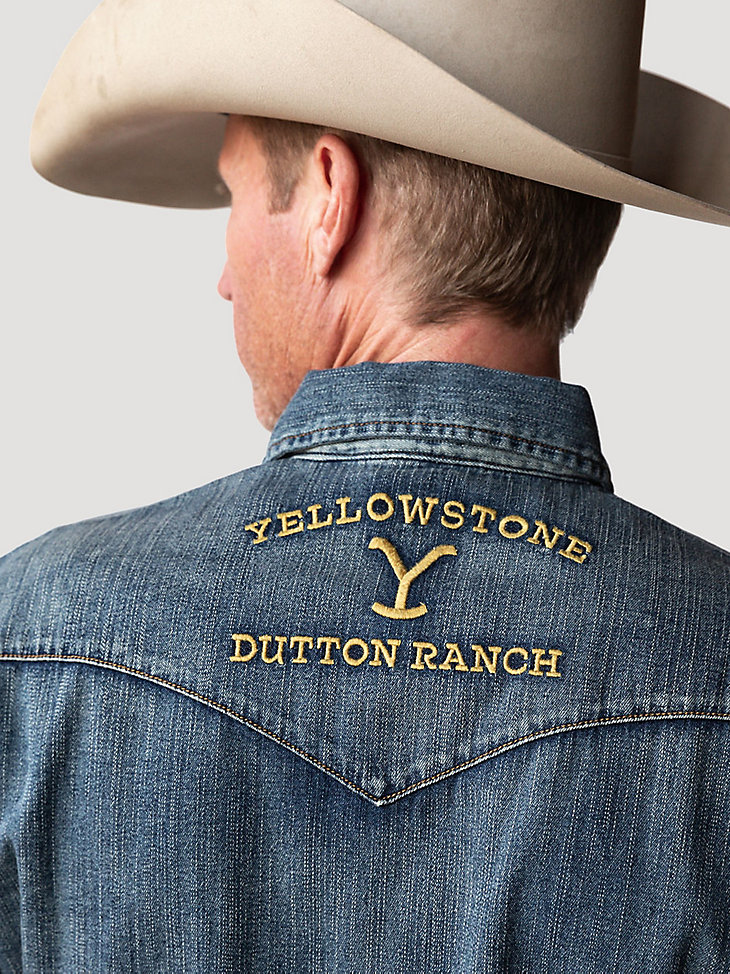 Wrangler x Yellowstone Men's Embroidered Denim Work Shirt in Tinted Medium Wash alternative view 2