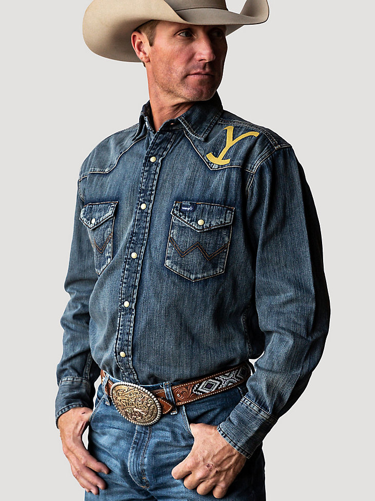 Wrangler x Yellowstone Men's Embroidered Denim Work Shirt in Tinted Medium Wash alternative view 3