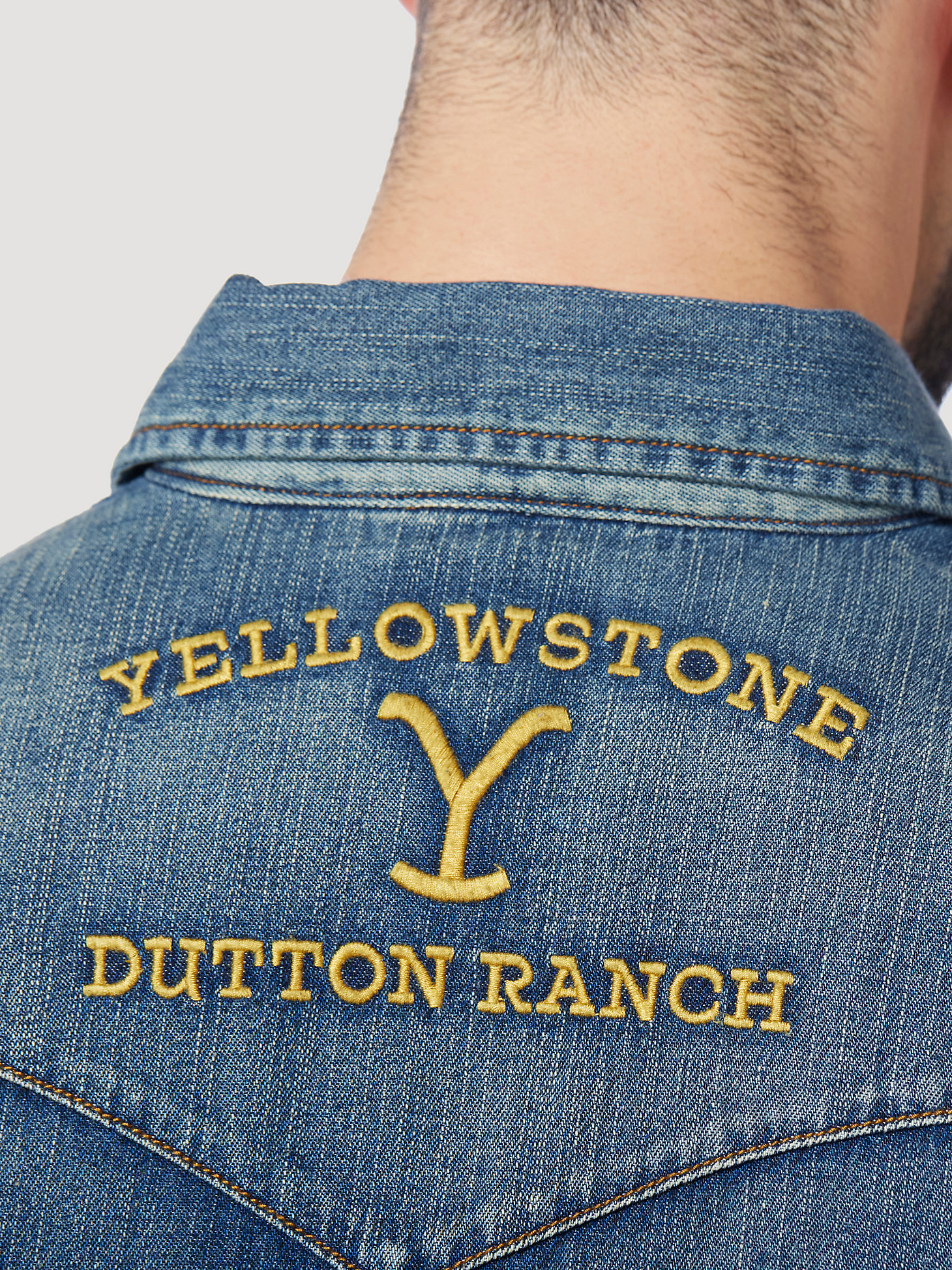 Wrangler x Yellowstone Men's Embroidered Denim Work Shirt in Tinted Medium Wash alternative view 6