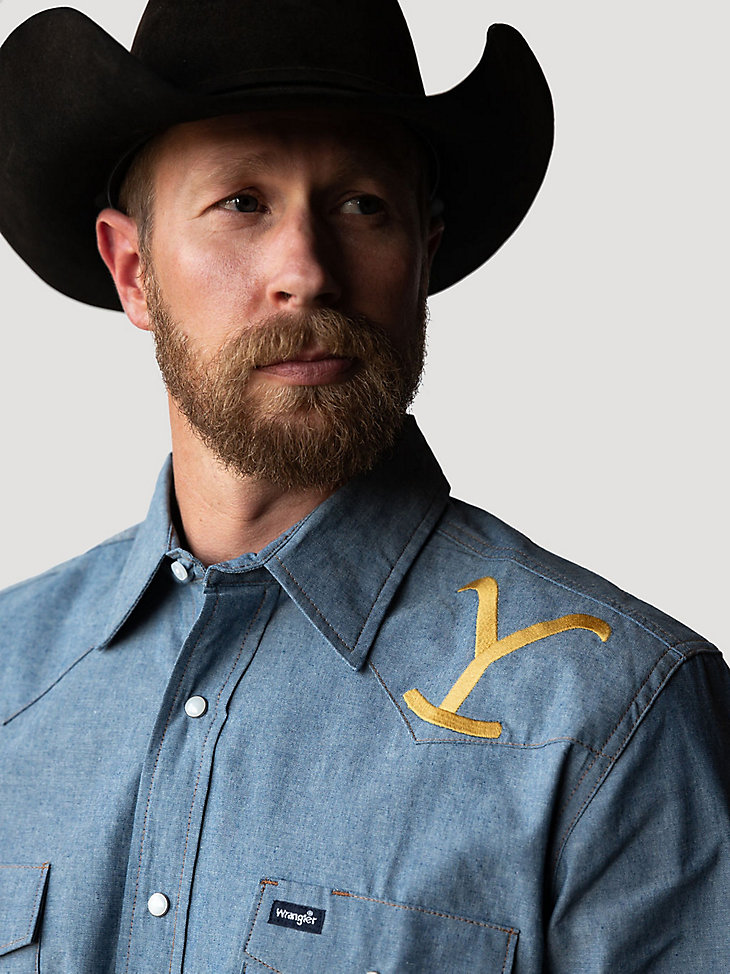 Wrangler x Yellowstone Men's Embroidered Chambray Work Shirt in Chambray alternative view