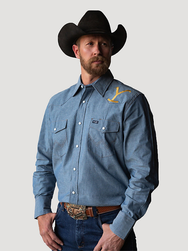 Wrangler x Yellowstone Men's Embroidered Chambray Work Shirt in Chambray alternative view 2