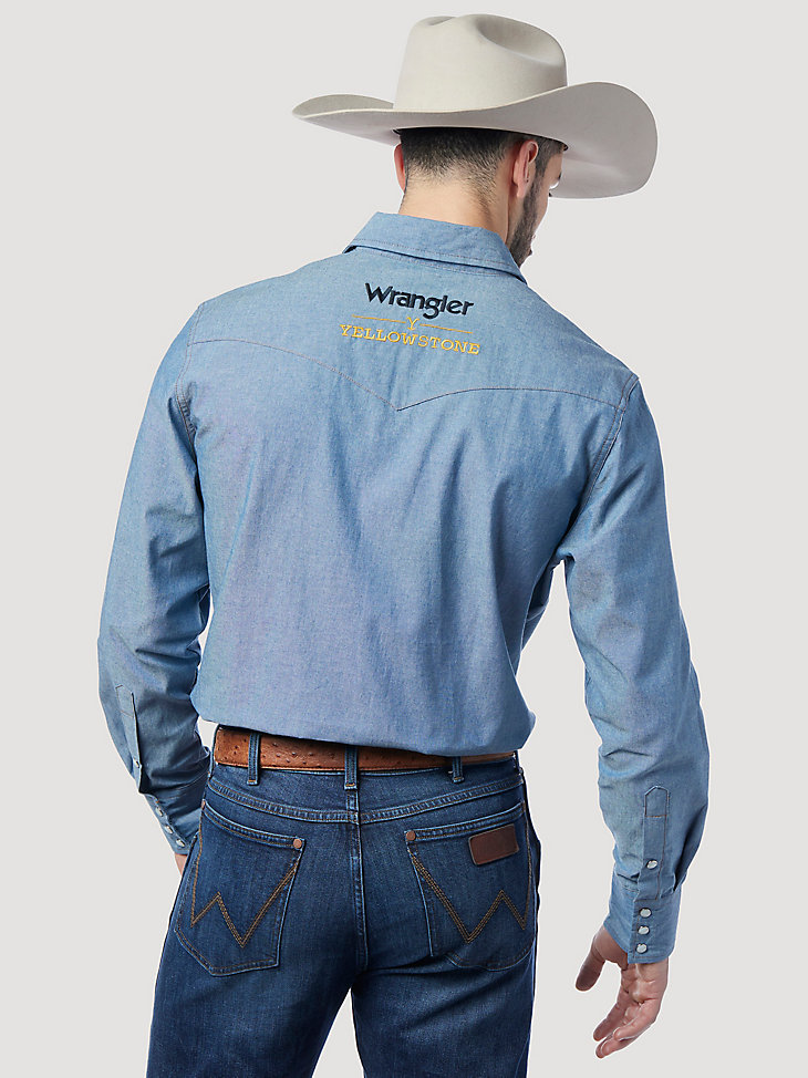 Wrangler x Yellowstone Men's Embroidered Chambray Work Shirt in Chambray alternative view 3