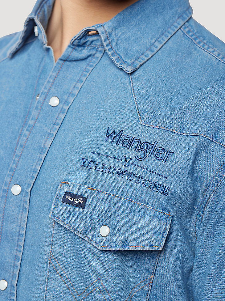 Wrangler x Yellowstone Men's Steerhead Denim Work Shirt in Light Stonewash alternative view 2