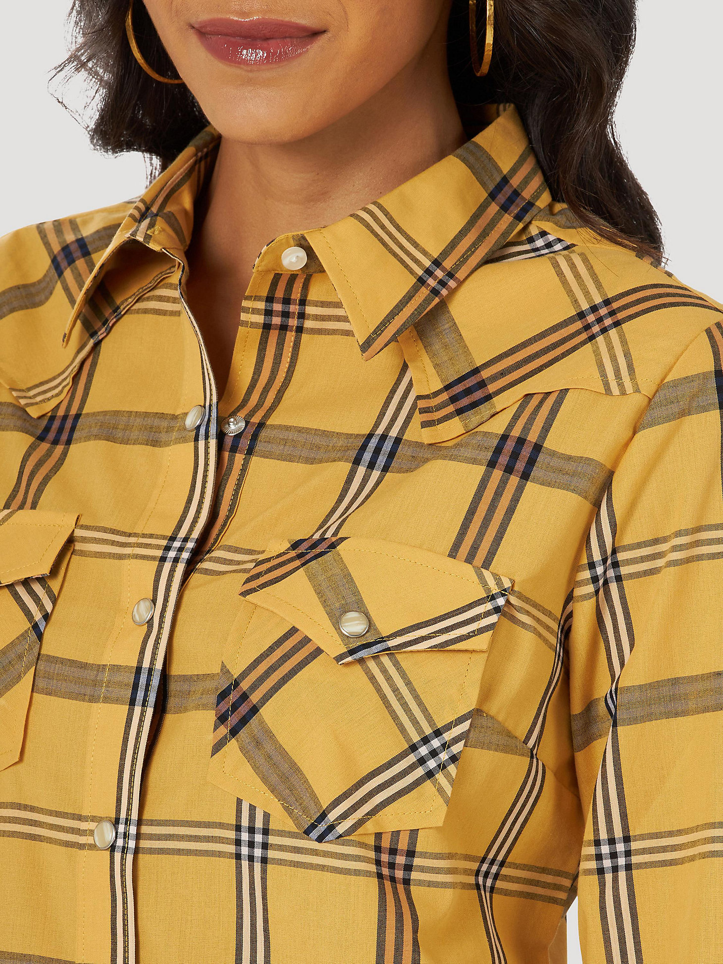 Women's Essential Long Sleeve Plaid Western Snap Top in Yellow alternative view 2