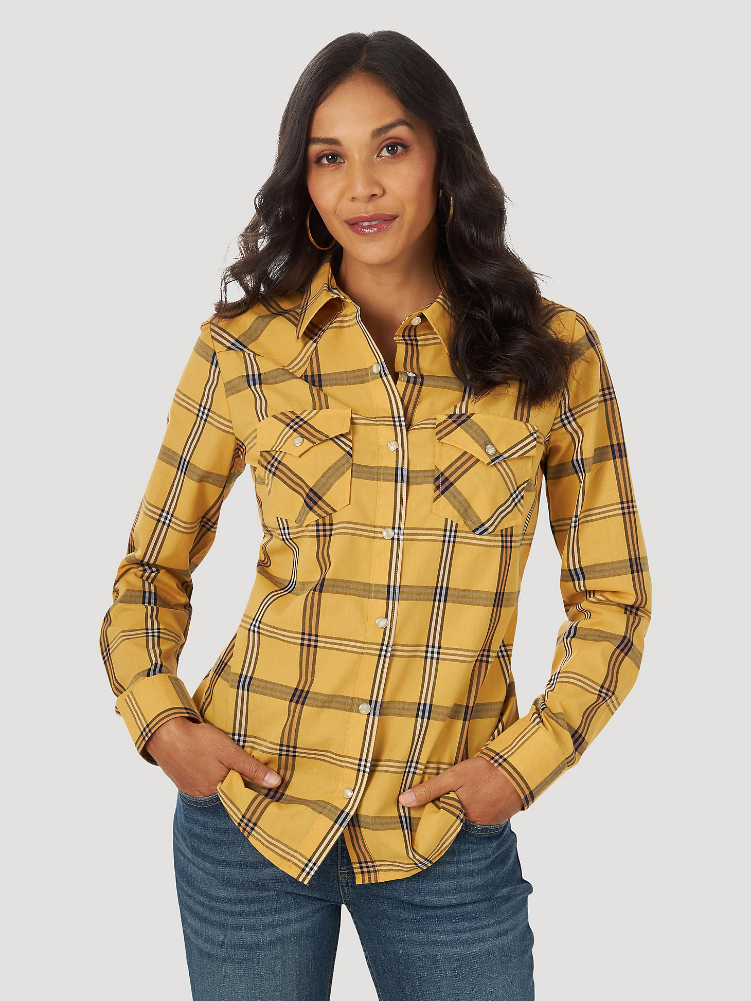 Women's Essential Long Sleeve Plaid Western Snap Top in Yellow main view