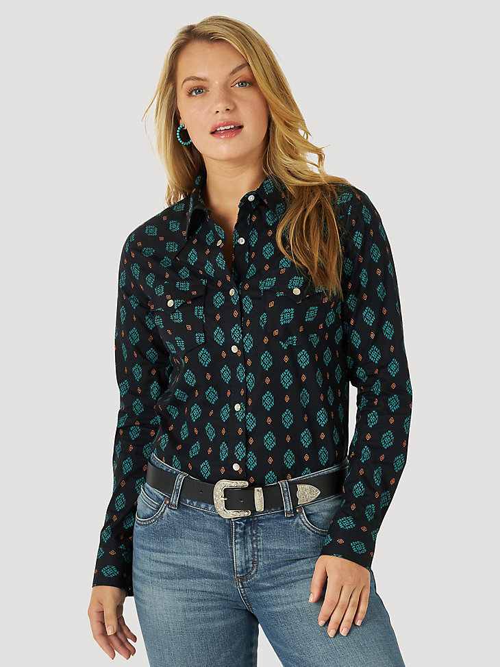 Women's Essential Long Sleeve Western Snap Print Shirt in Black alternative view