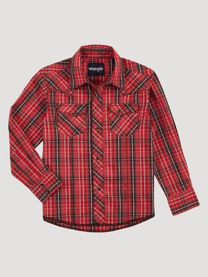 Boy's Long Sleeve Fashion Western Snap Plaid Shirt in Molten Red