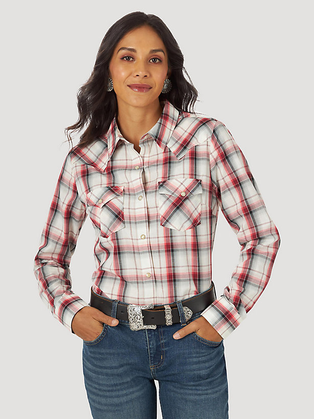 Women's Essential Long Sleeve Plaid Western Snap Top in White Red Multi