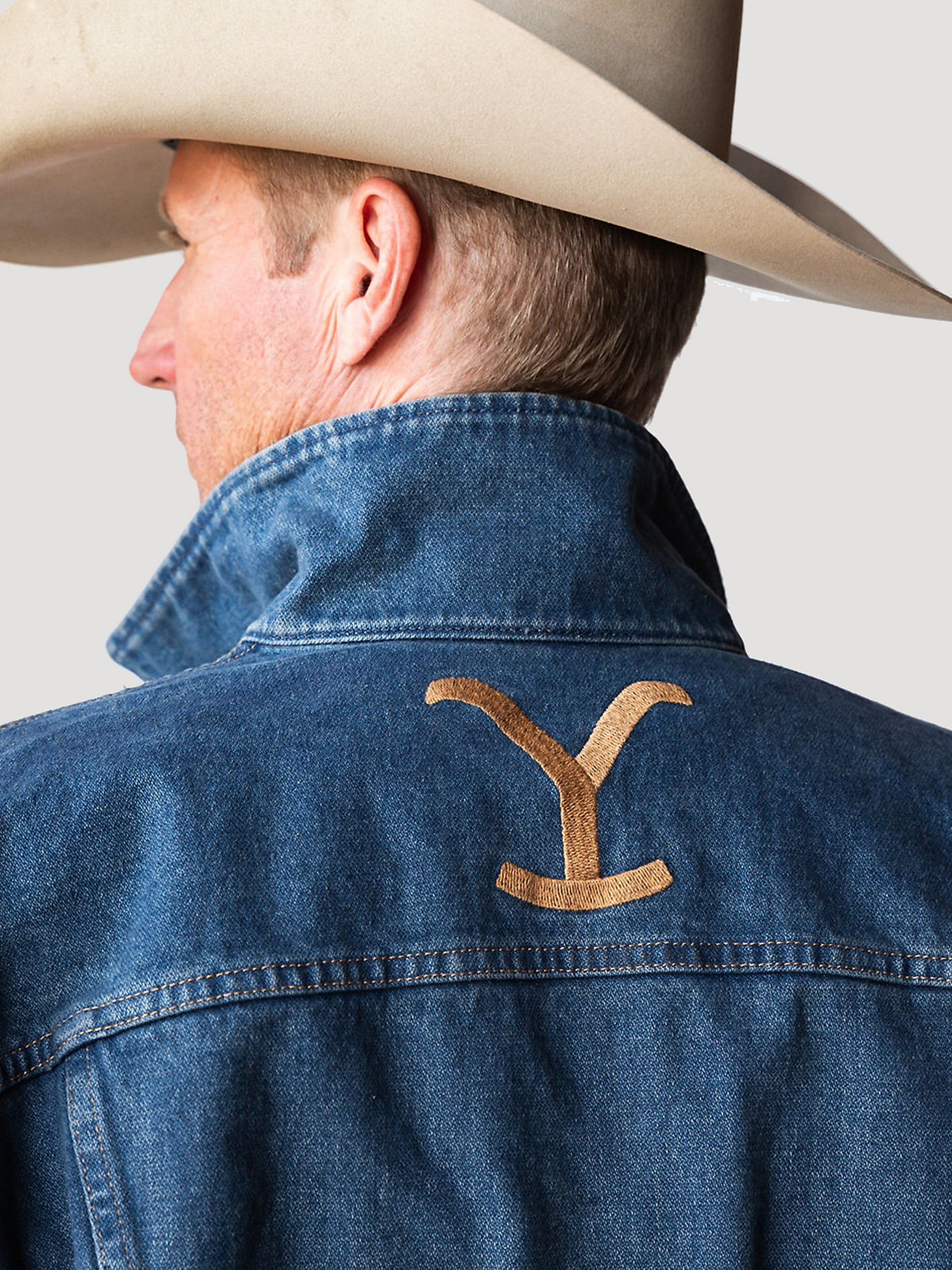 Wrangler x Yellowstone Men's Embroidered Denim Jacket in Tinted Medium Wash alternative view 1