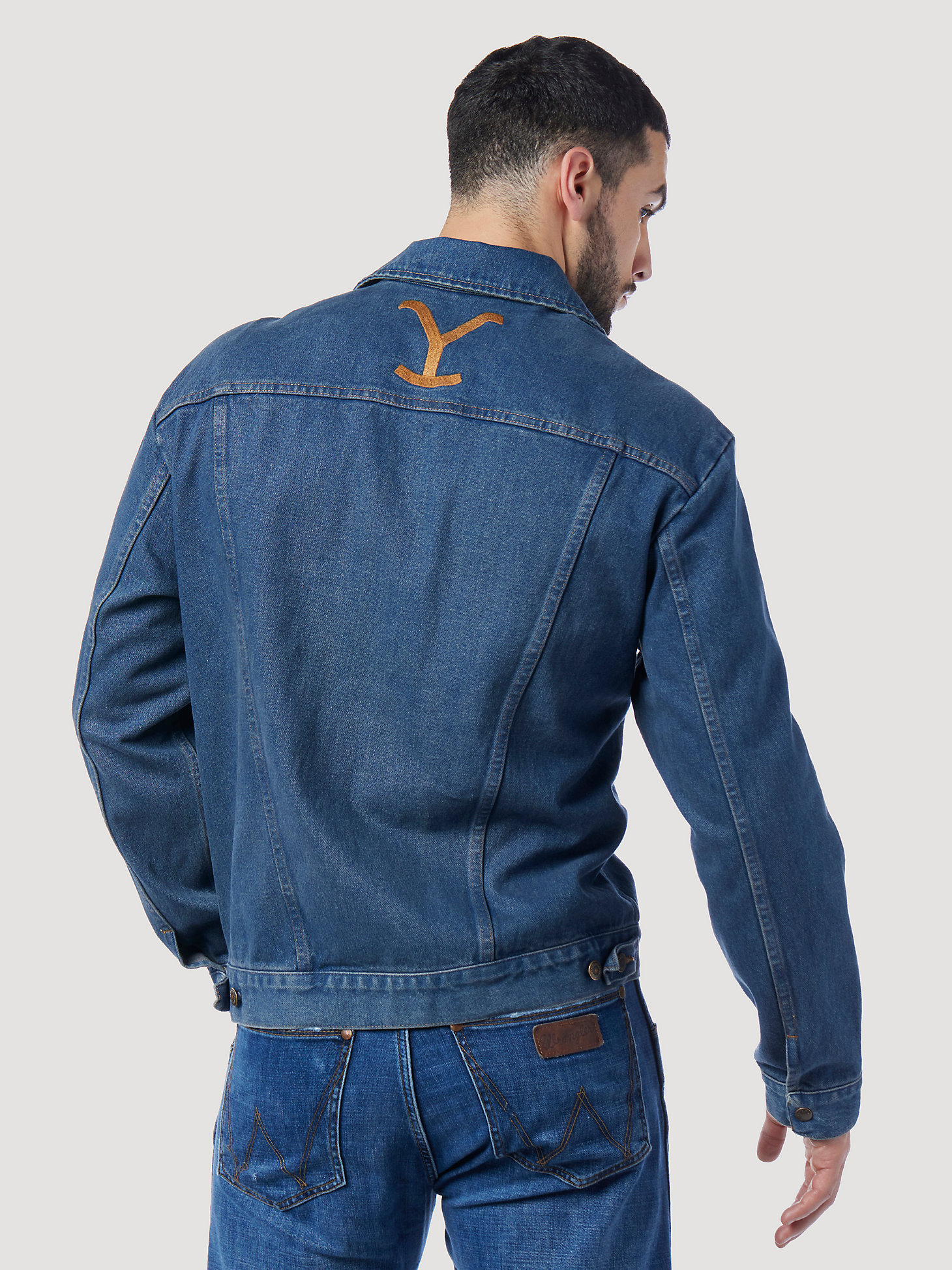 Wrangler x Yellowstone Men's Embroidered Denim Jacket in Tinted Medium Wash alternative view 3