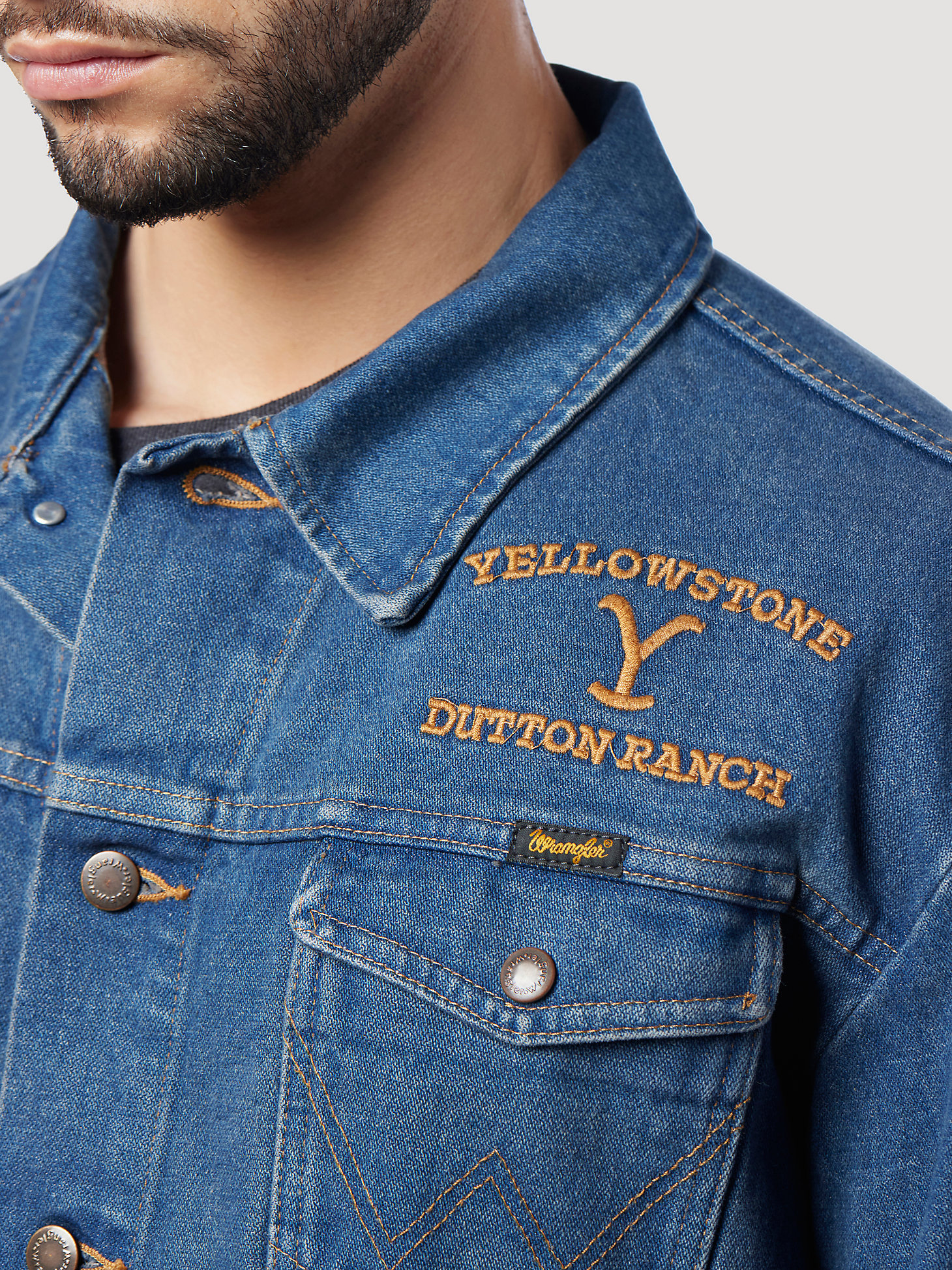 Wrangler x Yellowstone Men's Embroidered Denim Jacket in Tinted Medium Wash alternative view 5