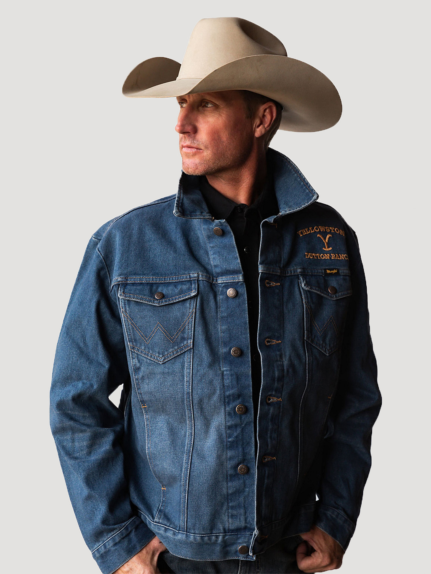 Wrangler x Yellowstone Men's Embroidered Denim Jacket in Tinted Medium Wash main view