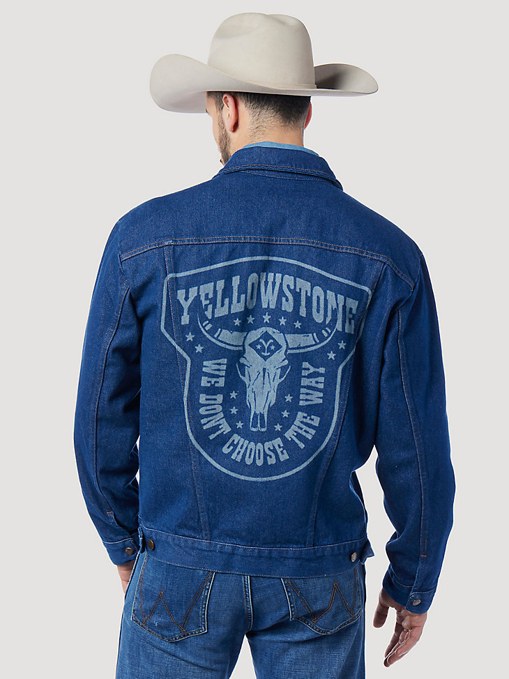 Wrangler x Yellowstone Men's Steerhead Laser Denim Jacket in Medium Rinse Wash main view