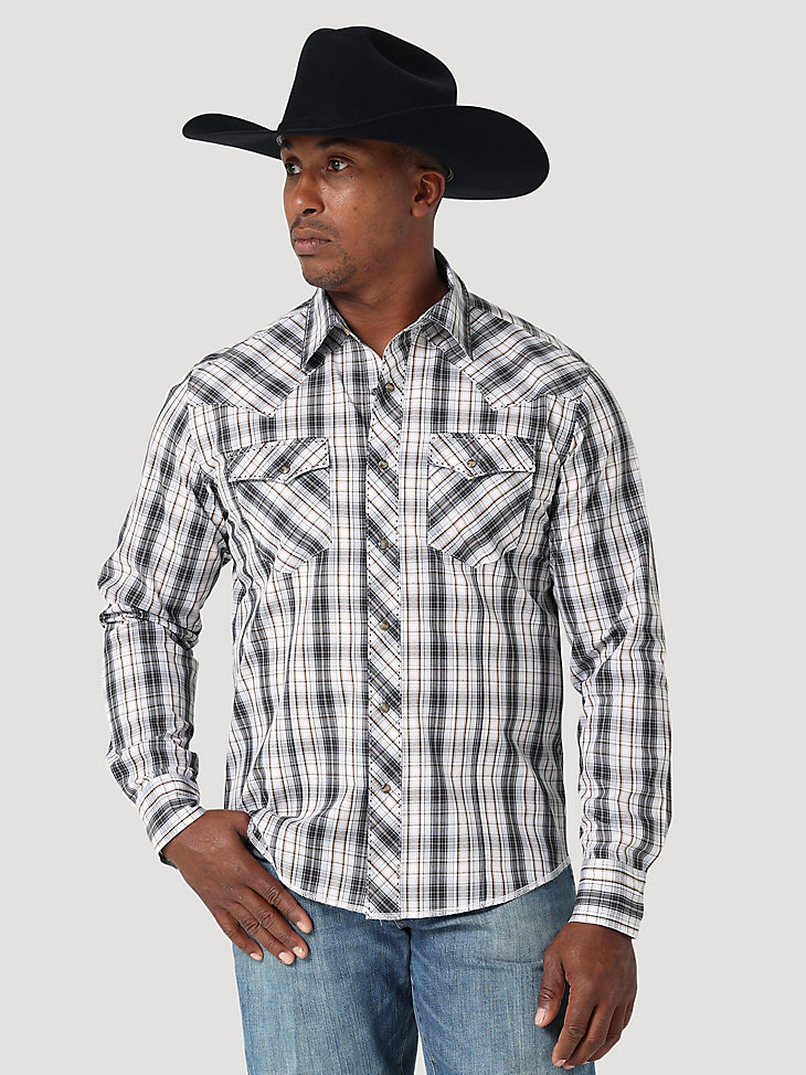 Men's Long Sleeve Fashion Western Snap Plaid Shirt in Squall main view
