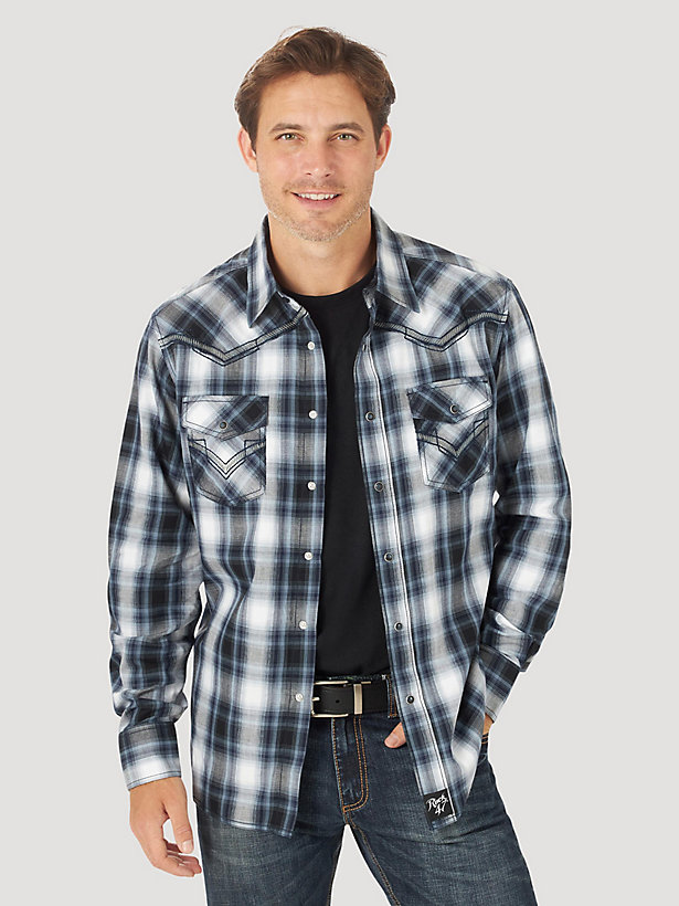Men's Rock 47® by Wrangler® Embroidered Snap Contrast Trim Plaid Long Sleeve Shirt