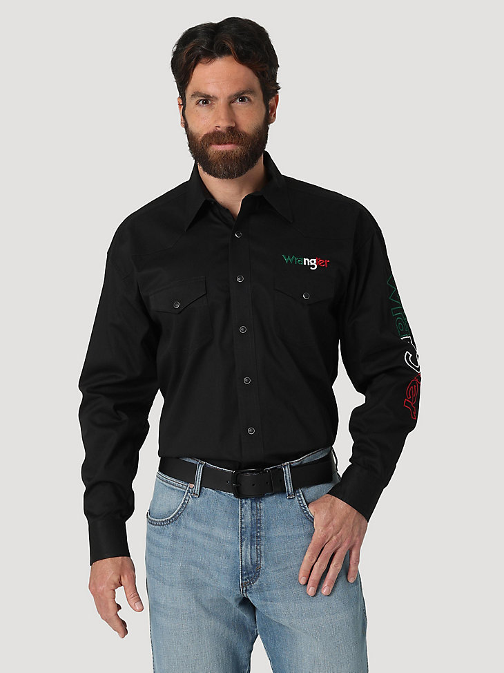 Men's Wrangler® Logo Long Sleeve Button Down Solid Shirt in Black main view